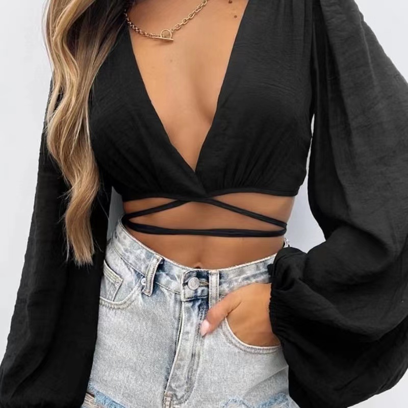 Hot Selling Womens Lantern Sleeve Casual Longærmet sexet top
