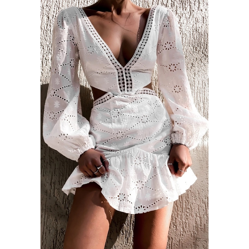 Seaside Resort Style Sexet Waistless V-hals Lace Hollow Ruffle kjole hvid lille kort kjole